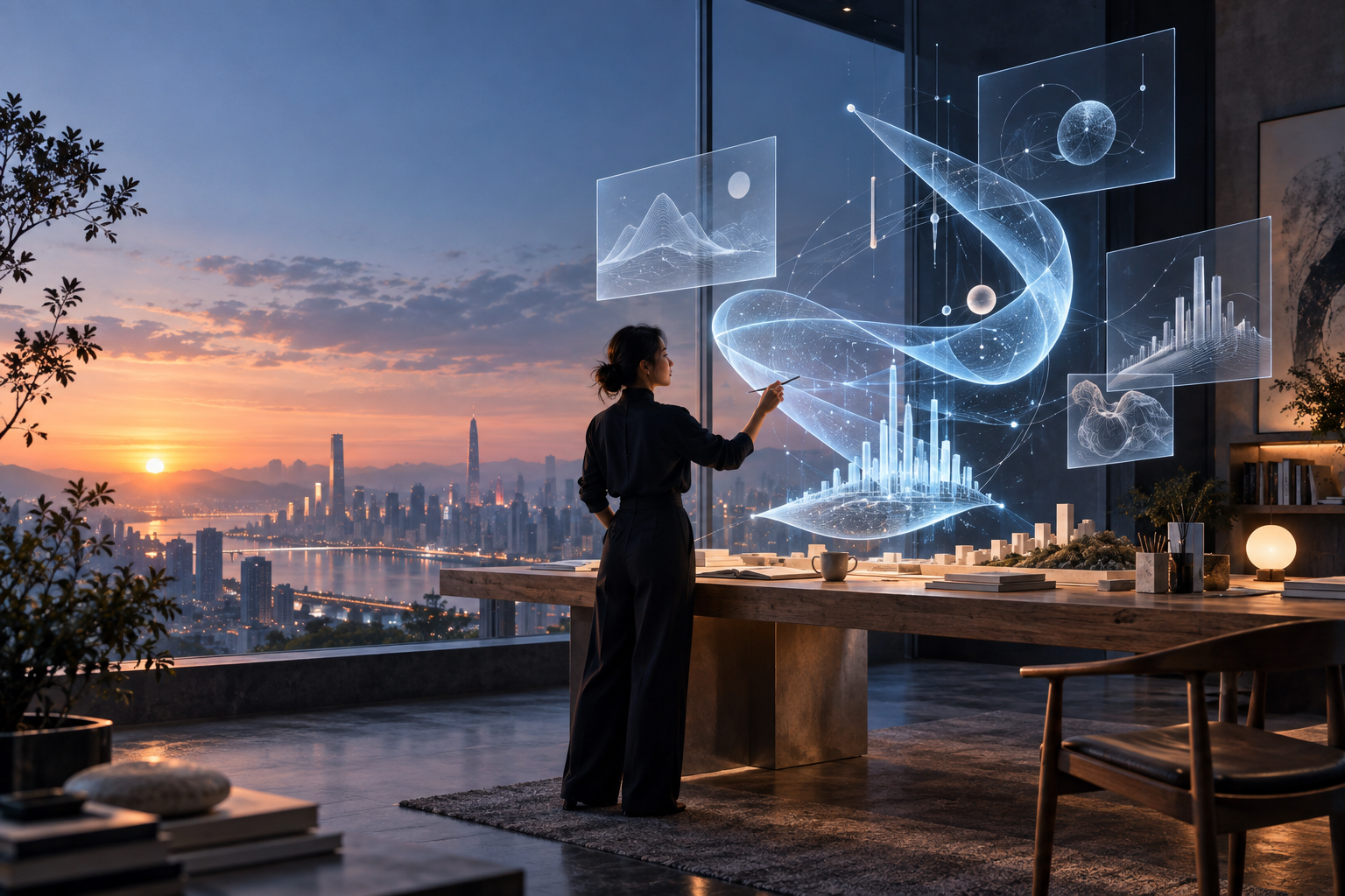 A person shaping a future workspace with a luminous AI above a dawn city