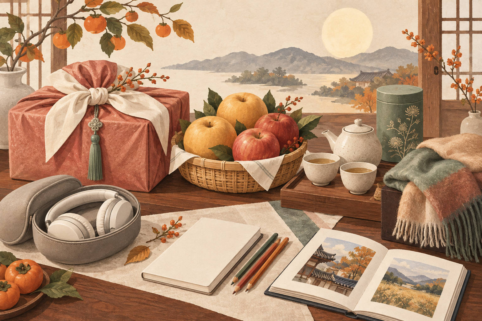 Chuseok gift illustration with a cloth-wrapped parcel, fruit basket, tea cups, headphones, notebook and scarf